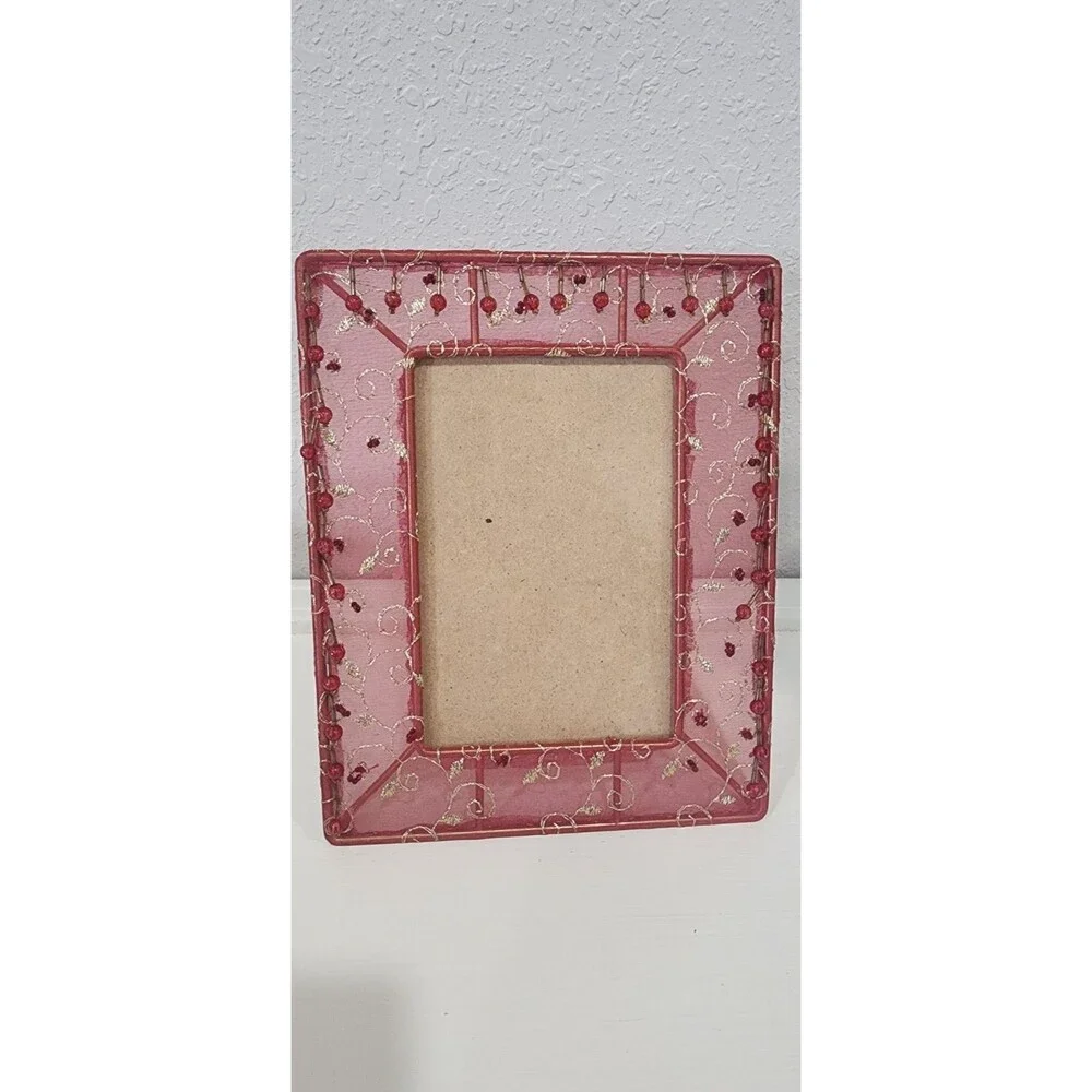 Holds 4x6 Picture Frame Red Mesh Fabric Gold Wire Beaded Accents Boho